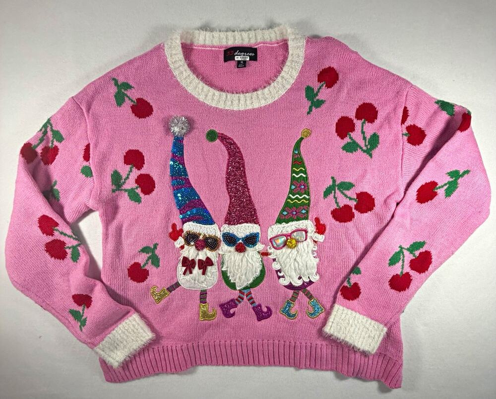 33 Degrees Women’s M Pink Ugly Christmas Sweater Gnomes Cherries Sequins